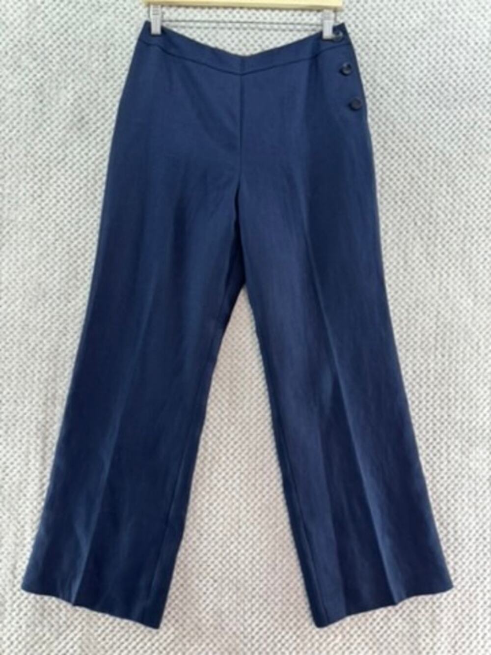 VTG Talbots Irish Linen Pants Womens 8 Blue Straight Leg Lined Side Button New